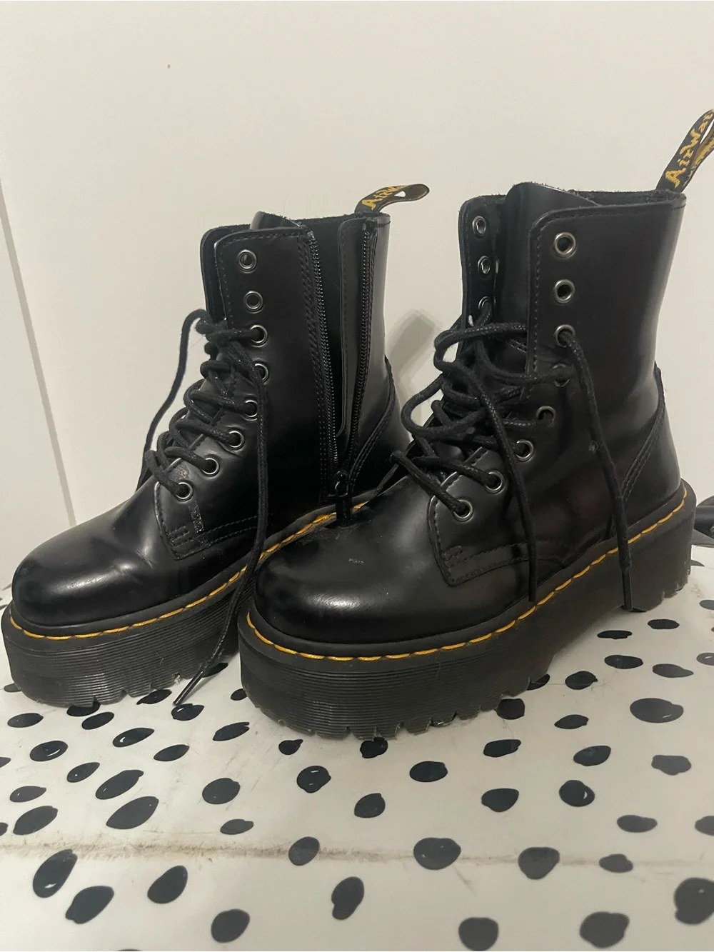 Dr. Martens Black Platform Lace-Up Boots with Yellow Welt Stitching